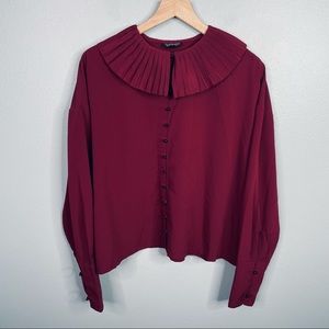 Topshop Burgundy High Neck Peter Pan Collar Button Front Blouse Size 8